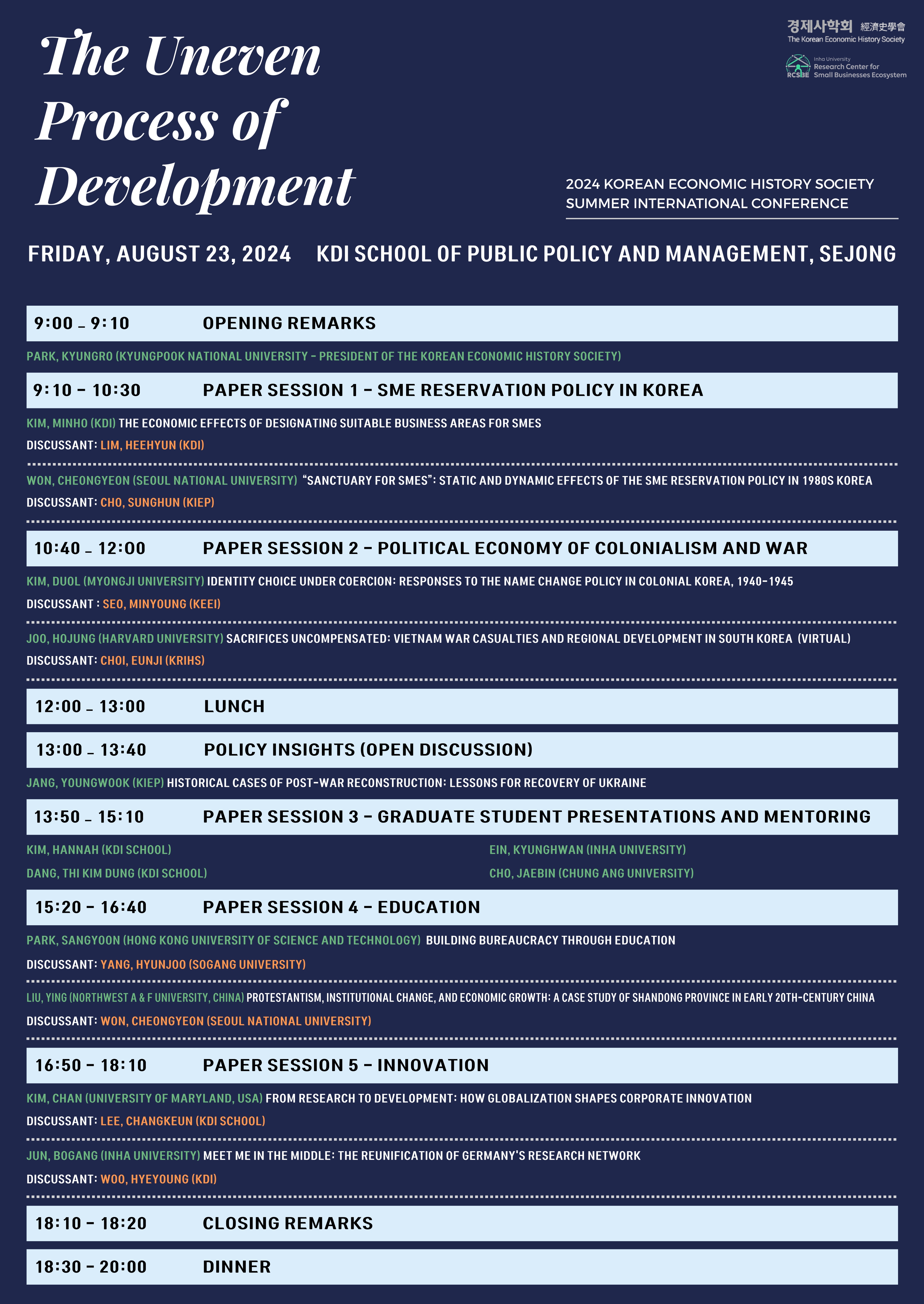  The Uneven Process of Development 경제사학회史學會 2024 KOREAN ECONOMIC HISTORY SOCIETY SUMMER INTERNATIONAL CONFERENCE FRIDAY, AUGUST 23, 2024 KDI SCHOOL OF PUBLIC POLICY AND MANAGEMENT, SEJONG 9:00-9:10 OPENING REMARKS PARK, KYUNGRO (KYUNGPOOK NATIONAL UNIVERSITY PRESIDENT OF THE KOREAN ECONOMIC HISTORY SOCIETY) 9:10-10:30 PAPER SESSION 1-SME RESERVATION POLICY IN KOREA KIM, MINHO (KDI) THE ECONOMIC EFFECTS OF DESIGNATING SUITABLE BUSINESS AREAS FOR SMES DISCUSSANT: LIM, HEEHYUN IKDI WON, CHEONGYEON (SEOUL NATIONAL UNIVERSITY) SANCTUARY FOR SMES: STATIC AND DYNAMIC EFFECTS OF THE SME RESERVATION POLICY IN 1980S KOREA DISCUSSANT: CHO, SUNGHUN (KIEP) PAPER SESSION 2 - POLITICAL ECONOMY OF COLONIALISM AND WAR 10:40-12:00 KIM DUOL (MYONGJI UNIVERSITY) IDENTITY CHOICE UNDER COERCION: RESPONSES TO THE NAME CHANGE POLICY IN COLONIAL KOREA, 1940-1945 DISCUSSANT SEO, MINYOUNG (KEET) JOO, HOJUNG (HARVARD UNIVERSITY) SACRIFICES UNCOMPENSATED: VIETNAM WAR CASUALTIES AND REGIONAL DEVELOPMENT IN SOUTH KOREA (VIRTUAL) DISCUSSANT: CHOI, EUNJI (KRIHSI 12:00 13:00 LUNCH 13:00 13:40 POLICY INSIGHTS (OPEN DISCUSSION) JANG, YOUNGWOOK (KIEP) HISTORICAL CASES OF POST-WAR RECONSTRUCTION: LESSONS FOR RECOVERY OF UKRAINE 13:50-15:10 PAPER SESSION 3-GRADUATE STUDENT PRESENTATIONS AND MENTORING KIM, HANNAH (KDI SCHOOL) DANG, THỊ KIM DUNG (KDI SCHOOLI EIN, KYUNGHWAN (INHA UNIVERSITYI CHO, JAEBIN (CHUNG ANG UNIVERSITY) 15:20-16:40 PAPER SESSION 4 - EDUCATION PARK, SANGYOON (HONG KONG UNIVERSITY OF SCIENCE AND TECHNOLOGY) BUILDING BUREAUCRACY THROUGH EDUCATION DISCUSSANT: YANG, HYUNJOO (SOGANG UNIVERSITY) LIU, VING NORTHWEST A & FUNIVERSITY, CHINA) PROTESTANTISM, INSTITUTIONAL CHANGE, AND ECONOMIC GROWTH: A CASE STUDY OF SHANDONG PROVINCE IN EARLY 20TH-CENTURY CHINA DISCUSSANT: WON, CHEONGYEON (SEOUL NATIONAL UNIVERSITY) PAPER SESSION 5-INNOVATION 16:50-18:10 KIM, CHAN (UNIVERSITY OF MARYLAND, USA) FROM RESEARCH TO DEVELOPMENT: HOW GLOBALIZATION SHAPES CORPORATE INNOVATION DISCUSSANT: LEE, CHANGKEUN (KDI SCHOOL) JUN, BOGANG INHA UNIVERSITY) MEET ME IN THE MIDDLE: THE REUNIFICATION OF GERMANY'S RESEARCH NETWORK DISCUSSANT: WOO, HYEYOUNG (KDI) 18:10-18:20 CLOSING REMARKS 18:30-20:00 DINNER 