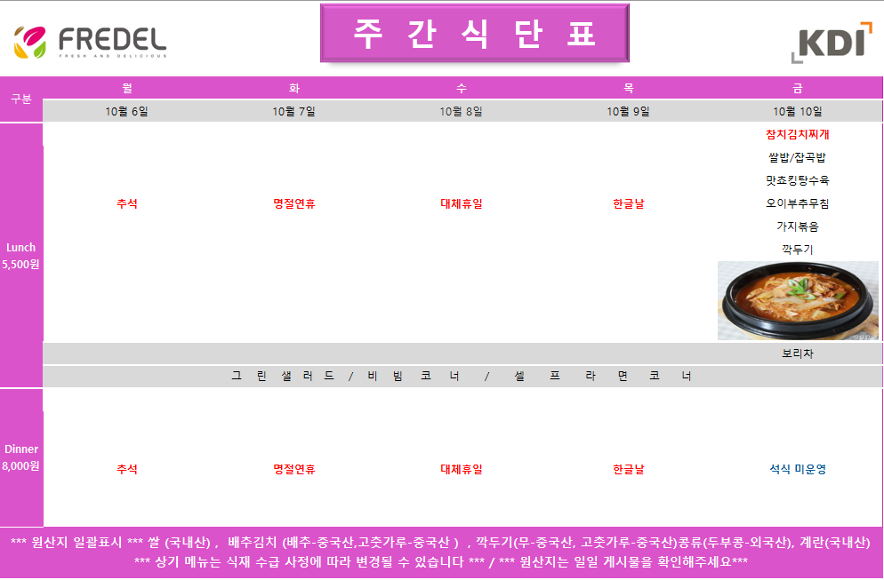 FREDEL 주 간 식 단 표 (KDI)  10월 6일 (월) 추석 휴무  10월 7일 (화) 명절연휴 휴무  10월 8일 (수) 대체휴일 휴무  10월 9일 (목) 한글날 휴무  10월 10일 (금) Lunch (5,500원)  참치김치찌개  쌀밥/잡곡밥  맛쵸킹탕수육  오이부추무침  가지볶음  깍두기  차: 보리차  Dinner (8,000원)  석식 미운영  공통 셀프 코너: 그린 샐러드 / 비빔 코너 / 셀프 라면 코너  *** 원산지 일괄표시 ***  쌀(국내산), 배추김치 (배추-중국산, 고춧가루-중국산), 깍두기(무-중국산, 고춧가루-중국산), 콩류(두부콩-외국산), 계란(국내산)  *** 상기 메뉴는 식재 수급 사정에 따라 변경될 수 있습니다 *** / *** 원산지는 일일 게시물을 확인해주세요 ***