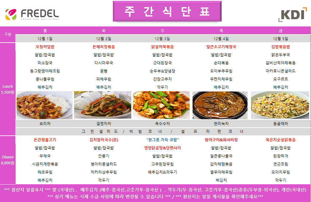 FREDEL 주 간 식 단 표 (KDI)  12월 1일 (월) Lunch (5,500원)  오징어덮밥  쌀밥/잡곡밥  미소장국  동그랑땡야채조림  콩나물무침  배추김치  차: 보리차  Dinner (8,000원)  돈간장불고기  쌀밥/잡곡밥  무채국  시금치계란볶음  해초무침  배추김치  12월 2일 (화) Lunch (5,500원)  돈채피망볶음  쌀밥/잡곡밥  다시마무국  꽃빵  파채무침  배추김치  차: 결명자차  Dinner (8,000원)  김치말이국수(온)  쌀밥/잡곡밥  깐풍기  병아리콩샐러드  치커리상추무침  깍두기  12월 3일 (수) Lunch (5,500원)  닭살어묵볶음  쌀밥/잡곡밥  근대된장국  순두부 & 양념장  간장고추지  깍두기  차: 옥수수차  Dinner (8,000원) 묵은지순살닭볶음  쌀밥/잡곡밥  된장찌개  연근조림  오이지무침  깍두기  공통 셀프 코너: 그린 샐러드 / 비빔 코너 / 셀프 라면 코너  *** 원산지 일괄표시 ***  쌀(국내산), 배추김치 (배추-중국산, 고춧가루-중국산), 깍두기(무-중국산, 고춧가루-중국산), 콩류(두부콩-외국산), 계란(국내산)  *** 상기 메뉴는 식재 수급 사정에 따라 변경될 수 있습니다 *** / *** 원산지는 일일 게시물을 확인해주세요 ***